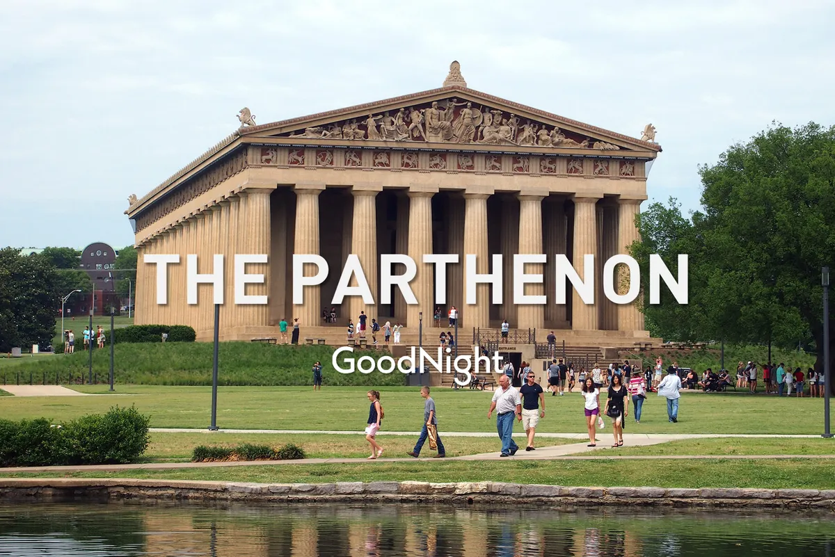 The image captures the iconic Parthenon replica in Centennial Park, with visitors strolling and picnicking on the lush green lawns that surround it. The bright, joyful mood and visible family groups embody outdoor relaxation and creative play in a celebrated Nashville setting.